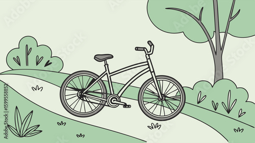 Bicycle Parked on a Scenic Path Beside a Tree.