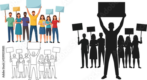 Protest march vector illustration with diverse people holding signs for social justice and change movement