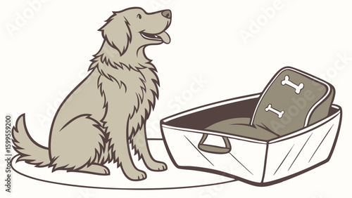 Cartoon Dog Sitting Beside a Cozy Dog Bed Illustration.