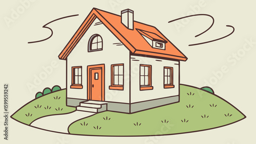 Cartoon House with Orange Roof on Green Hill Illustration.