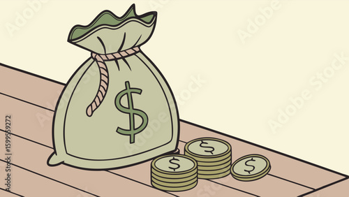 Cartoon Illustration of a Money Bag and Stacks of Coins.