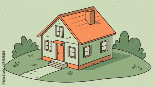 Cartoon Illustration of a Simple House with Orange Roof and Green Lawn.