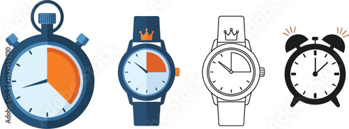 Time management tools vector illustration featuring stopwatch wristwatch and alarm clock icons