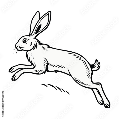 A dynamic black and white illustration of a hare in mid-leap, showcasing its speed and agility in a distinctive silhouette style
