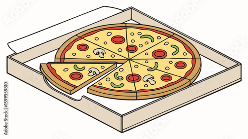 Cartoon Pizza in a Box with Sliced Pieces and Toppings.