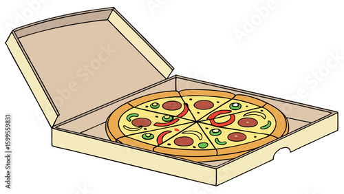 Cartoon Pizza in a Box with Sliced Pepperoni and Vegetables.