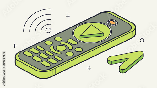 Cartoon Remote Control with Signal Icon and Arrow Button.