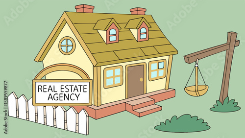 Cartoon Real Estate Agency House with Sign and Scale.