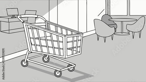Cartoon shopping cart in a store interior illustration.