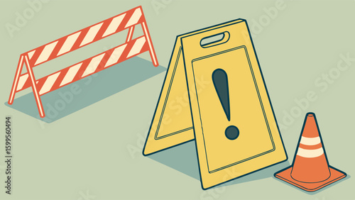 Caution Isometric Illustration of Safety Barrier Warning Sign and Traffic Cone.