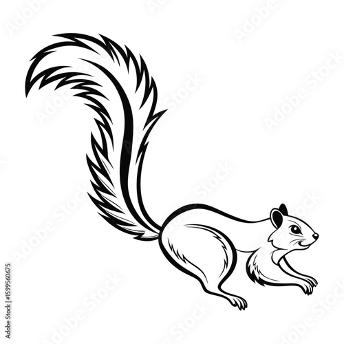 A black and white silhouette of a leaping squirrel in a dynamic running pose with a large, bushy tail. The silhouette style is distinctive