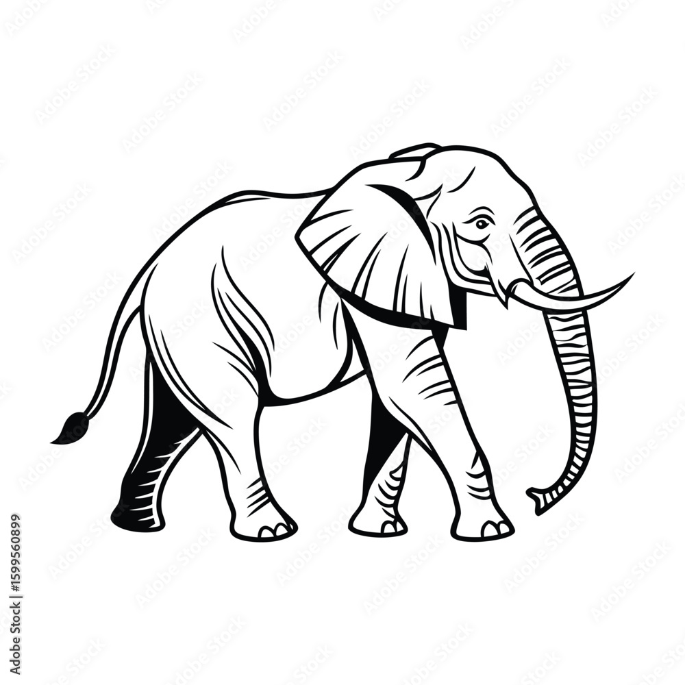 Fototapeta premium A striking black and white illustration of an African elephant in a bold silhouette style, captured mid-stride