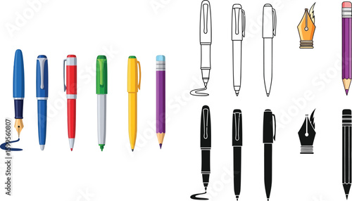 Illustration of pens pencils and nibs for writing drawing and sketching tools for artists and students