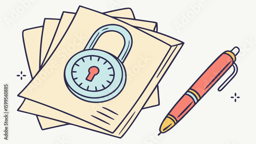 Combination Lock Securing Stack of Documents and Pen.