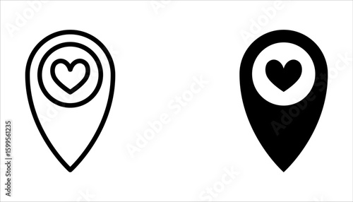 Love location icon set. Location pin icon with heart. Favorite places on white background