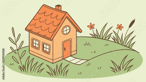 Cute Cartoon House on a Hillside with Flowers.