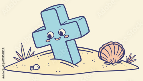 Cute Cartoon Cross Buried in Sand with Seashell and Fish.