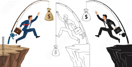 Business risk concept illustration of man jumping for money financial opportunity and investment trap