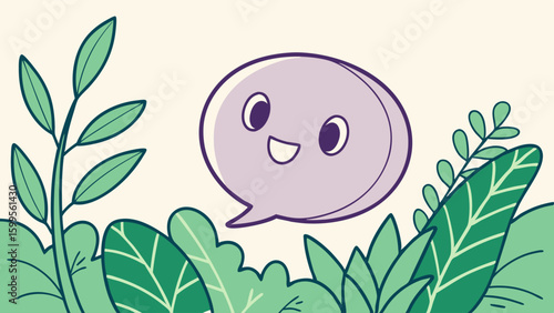 Cute Cartoon Speech Bubble Surrounded by Lush Plants.