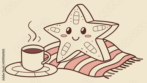 Cute Starfish Character with Coffee and Blanket.