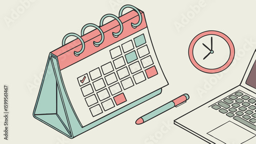 Desk calendar clock pen and laptop illustration for planning and scheduling.