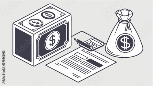 Financial Illustration Featuring Money Bag Calculator and Document.