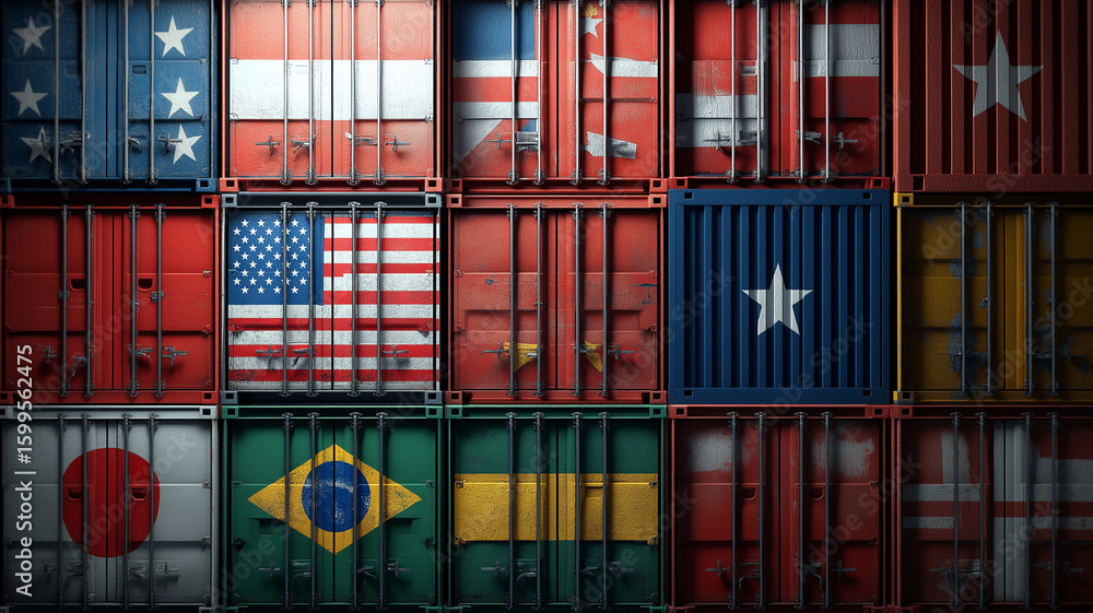 Fototapeta premium Shipping containers painted with various national flags symbolize global trade and international cooperation. vibrant colors and diverse flags highlight interconnectedness of economies worldwide