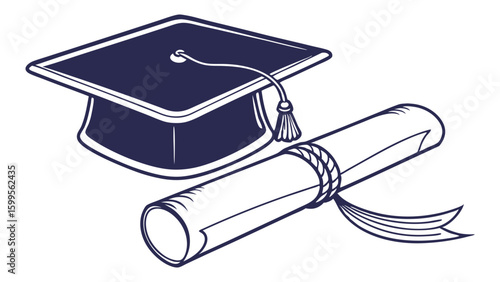 Graduation Cap and Diploma Scroll Illustration with Tassel.