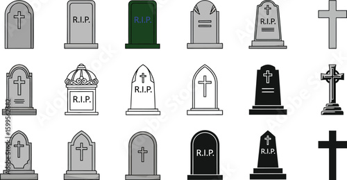 Vector tombstone collection graveyard cemetery headstone rip cross grave memorial death funeral stone art
