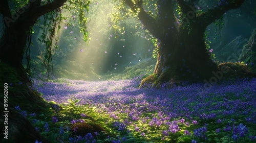 Fototapeta Naklejka Na Ścianę i Meble -  Lush, vibrant forest glade bathed in sunlight.