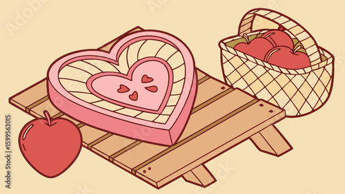 HeartShaped Candy Box and Apples on a Wooden Tray.