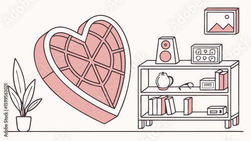 HeartShaped Window with Bookshelf and Home Decor.