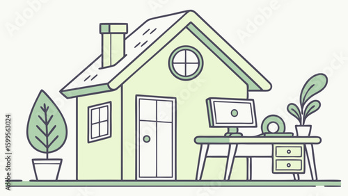 Home Office Workspace with House Illustration.