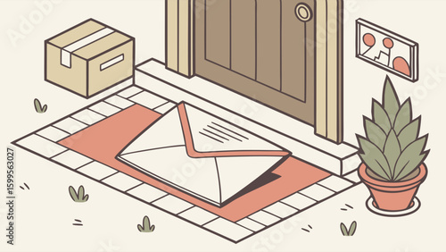 Home Delivery Package and Envelope on Doormat.