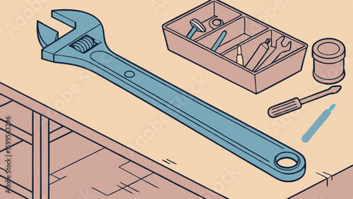 Illustrated Collection of Hand Tools on a Workbench Surface.