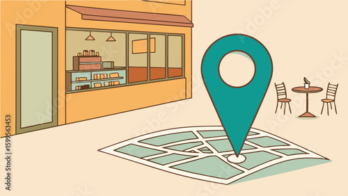 Illustrated Map Pinpointing a Cafe Location with Outdoor Seating.