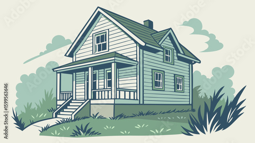Illustrated TwoStory House with Porch and Landscaping Elements.