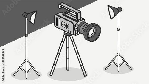 Illustration of a Video Camera with Studio Lighting Equipment.