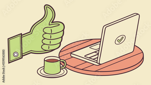 Illustration of Laptop Coffee and Thumbs Up Symbolizing Approval.