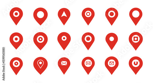 Red location pin icons set, vector map pointers symbols for navigation, location marks