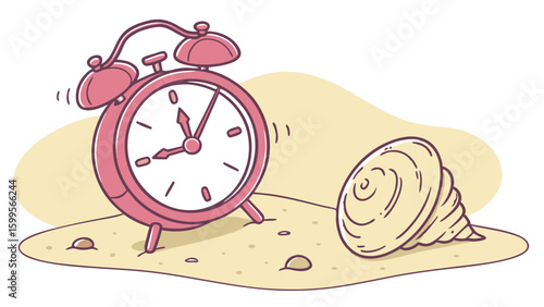 Pink Alarm Clock and Seashell on Sand.