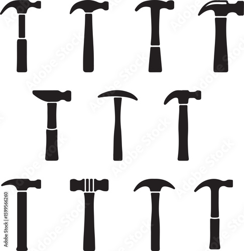 Various hammer silhouettes black and white tool