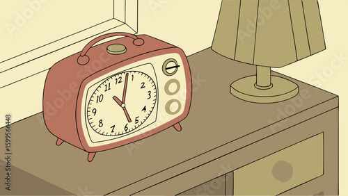 Retro Alarm Clock and Lamp on a Nightstand.