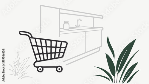 Shopping cart icon in front of a kitchen outline and plants.