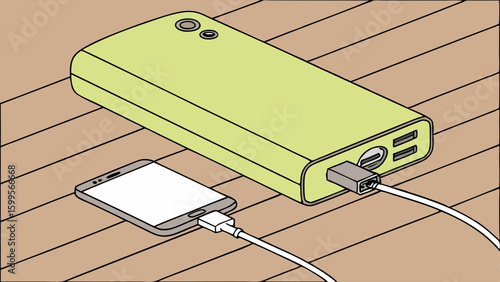 Smartphone charging with a green power bank on a wooden surface.