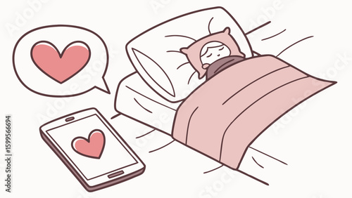 Sleeping person with phone showing love message and heart speech bubble.