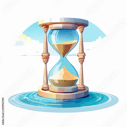 Sand-filled hourglass machine dripping into calm pool, metaphor for peace and emotional presence.