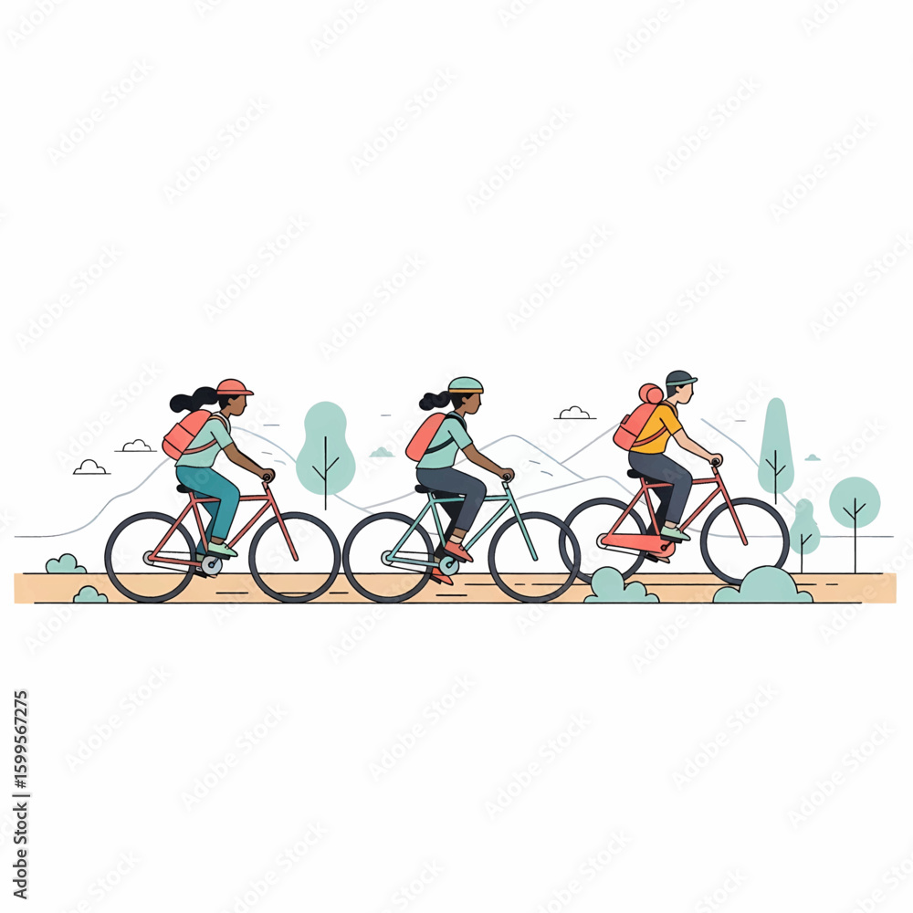 Fototapeta premium Three children cycling along a path through a landscape, enjoying a day outdoors.