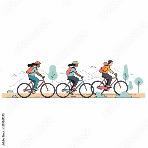 Three children cycling along a path through a landscape, enjoying a day outdoors.
