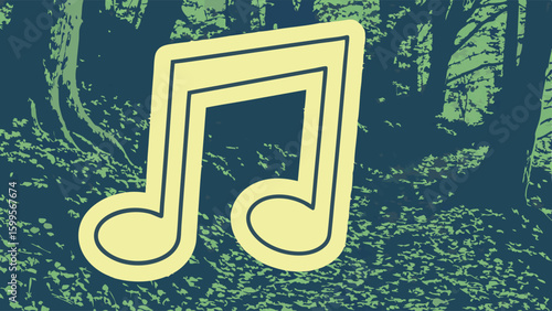 Stylized Musical Note Graphic with Forest Background.